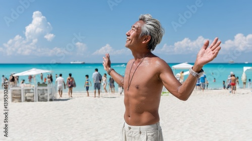 Man is standing on a beach with his hands raised in the air. The beach is crowded with people, and there are several boats in the water. The man is enjoying the beach and the company of others