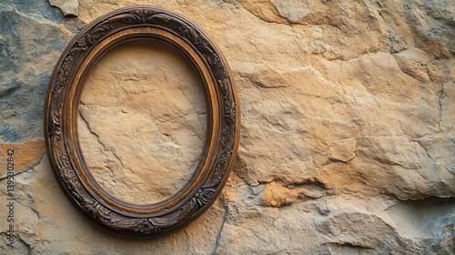 A classic oval frame in rustic wood, with intricate carvings, placed at an angle on a sandstone wall, adding timeless charm.