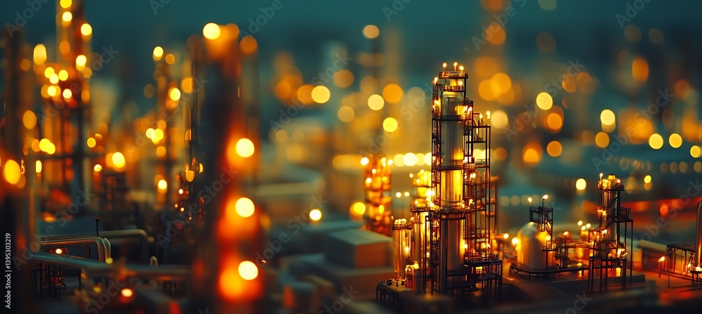 Miniature oil refinery setup placed on an office desk in a clean, modern office environment with natural light coming through large windows.