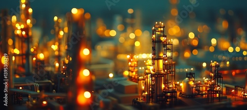 Obraz na płótnie Miniature oil refinery setup placed on an office desk in a clean, modern office environment with natural light coming through large windows. w salonie
