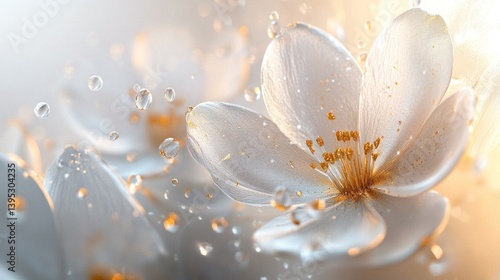 Delicate white flowers with glittering details and water droplets are shown