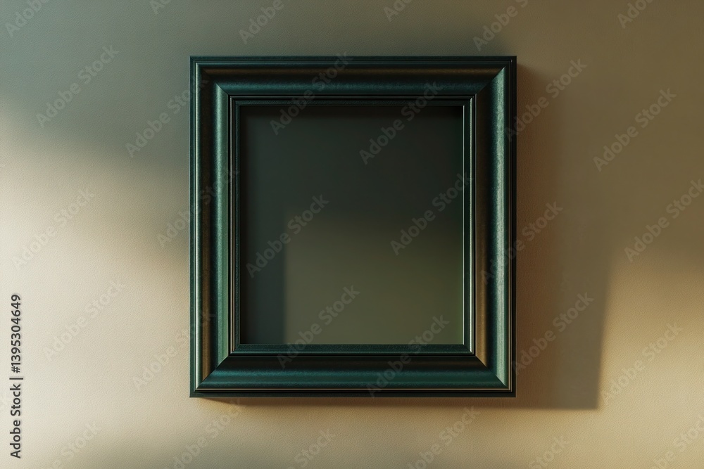 A dark green, square metallic frame with a satin finish, hanging high on a deep beige wall, adding a luxurious contrast.