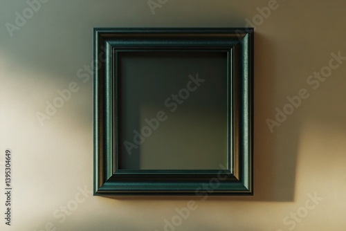 Obraz na płótnie A dark green, square metallic frame with a satin finish, hanging high on a deep beige wall, adding a luxurious contrast. w salonie