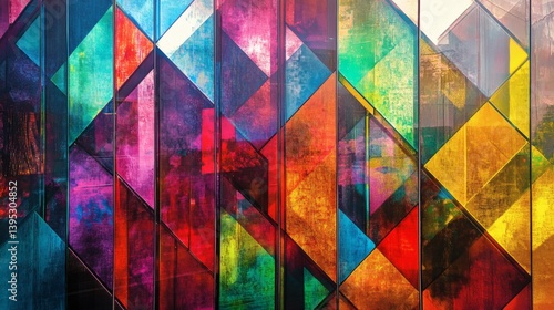 A vibrant mosaic of stained glass triangles in a modern architectural design.