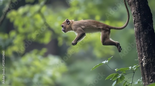 monkey leaping through lush green forest