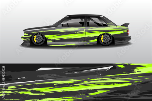 Sleek modified car with vibrant green and black paint design, parked in a minimalist setting