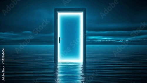Glowing door in ocean, stormy sky, portal, hope