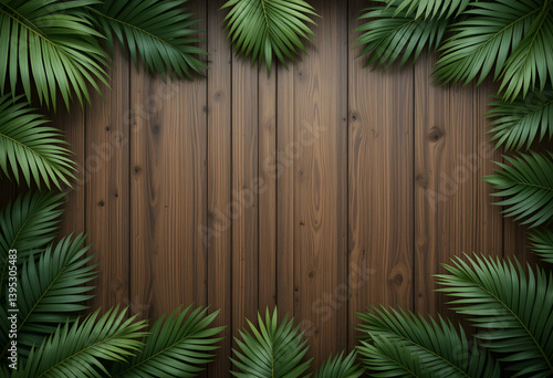 palm tree leaves frame on wooden background
