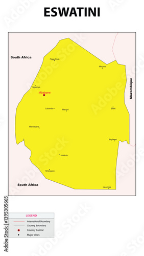 Eswatini map. Major cities in Eswatini. Political map of Eswatini with border and neighbouring countries.