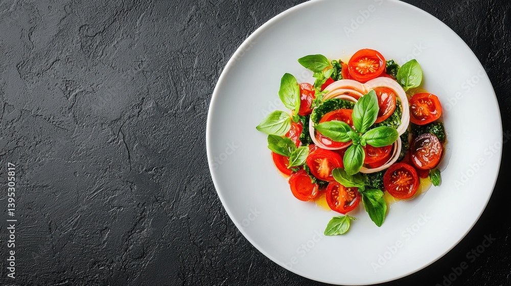 Creative food concept. Fresh and vibrant salad with tomatoes basil and greens Creative food concept. Fresh and vibrant salad with tomatoes basil and greens