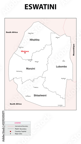 Eswatini map. Country map of Eswatini. Administrative map of Eswatini with Country and capital in white color.