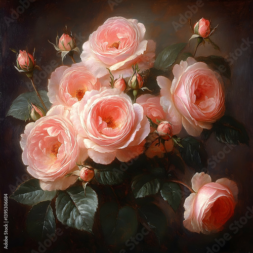 A beautiful artistic painting displaying delicate pink roses and green foliage