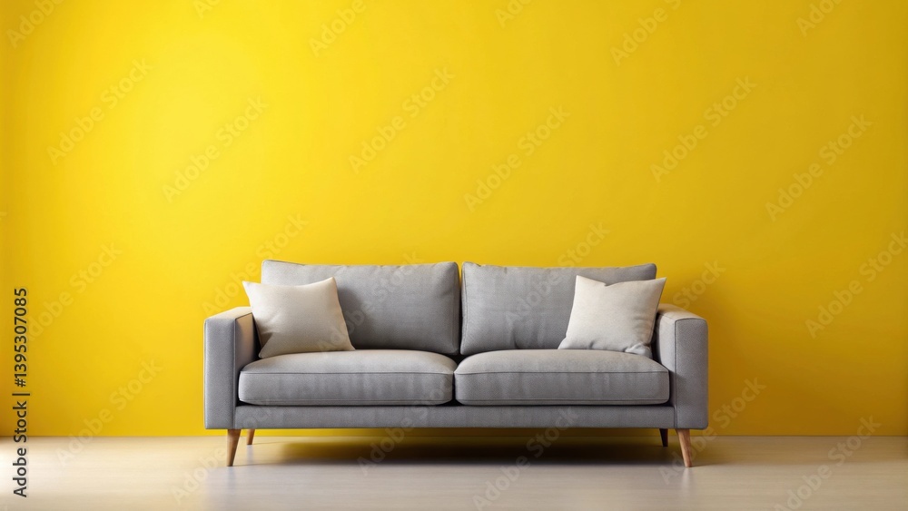 Fototapeta premium Modern gray couch against a vibrant yellow wall in a minimalist living room