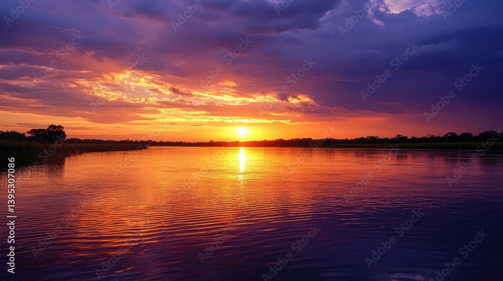 Obraz premium A tranquil sunset over the river in Anavilhanas National Park, with the sky ablaze with orange and purple hues, reflecting off the calm waters.