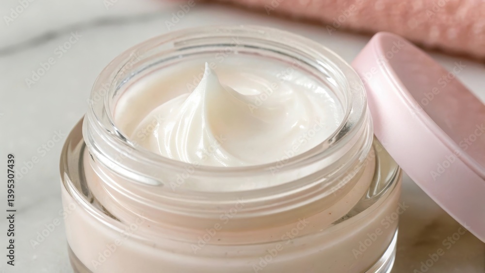 Moisturizing cream in a jar with a pink lid on a marble surface. Moisturizing cream in a jar with a pink lid on a marble surface.