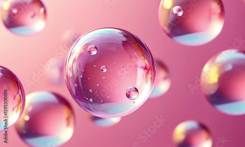 Wallpaper Mural 3D rendering of translucent pink serum or molecule bubbles with tiny particles inside, floating in a soft pink space, symbolizing skincare and beauty science.
 Torontodigital.ca