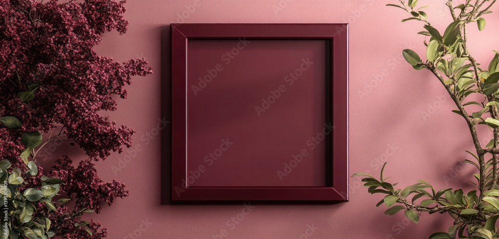 A deep burgundy rectangular frame, thick and glossy, centered on a dusty rose wall, making a bold, contrasting statement.