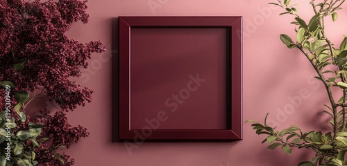 A deep burgundy rectangular frame, thick and glossy, centered on a dusty rose wall, making a bold, contrasting statement.