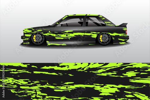 Sleek modified car with vibrant green and black wrap design, showcasing unique styling and urban vibe