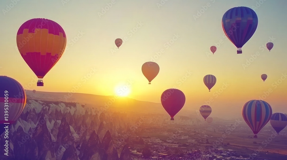 Fototapeta premium spectacular view of cappadocia's hot air balloons at sunrise a breathtaking flight over the unique turkish landscape with golden light