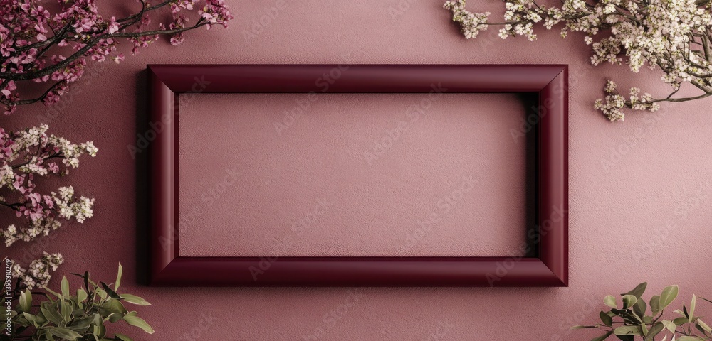 A deep burgundy rectangular frame, thick and glossy, centered on a dusty rose wall, making a bold, contrasting statement.