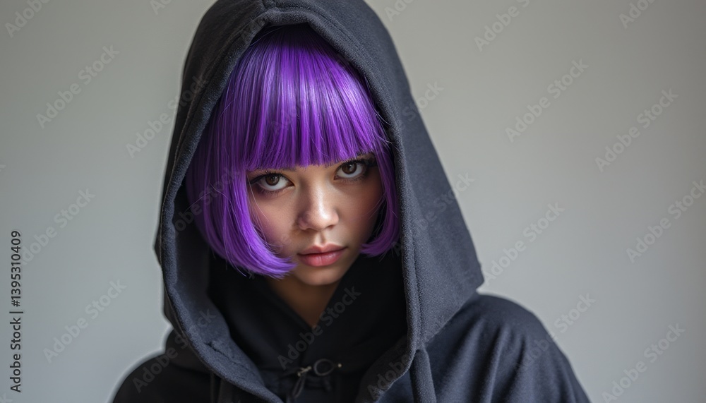 Naklejka premium A striking portrait of a girl with bold purple hair peeking out from under a black hoodie, exuding an air of mystery and confidence. Her intense gaze captivates the viewer, inviting curiosity about