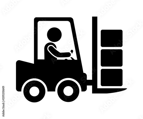 Stickman driver with forklift and crate symbol. silhouette cartoon illustration.
