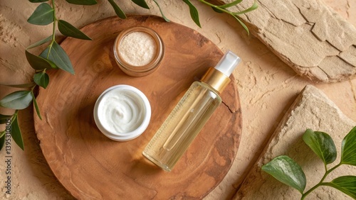 Natural skincare products arranged on a rustic plate with greenery accents.