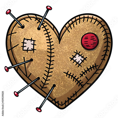 Design a bold vector illustration of a stitched voodoo heart, emphasizing strong, textured lines and a distressed, handcrafted aesthetic.