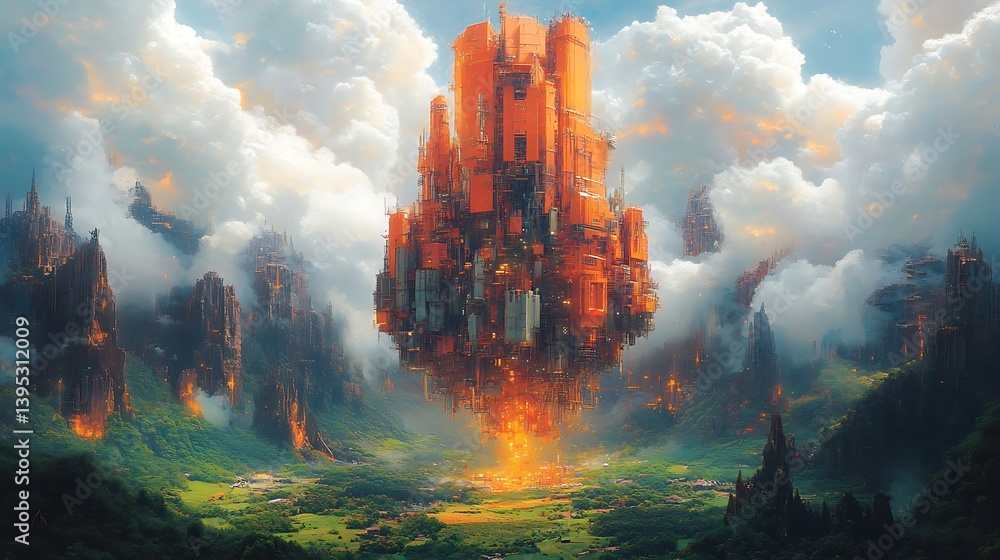 Fototapeta premium A floating city of orange hues rests amongst a landscape of weathered mountains.