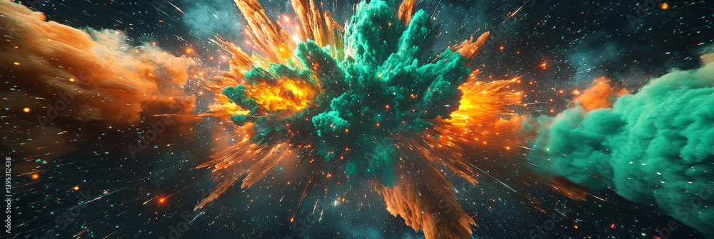 Hyper-futuristic cosmic explosion with radiant green and orange stellar plasma clouds dispersing into the galaxy Hyper-futuristic cosmic explosion with radiant green and orange stellar plasma clouds dispersing into the galaxy
