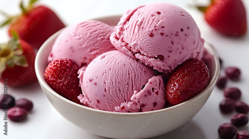 A cold scoop of pink strawberry and red raspberry ice cream is a delicious summer dessert A cold scoop of pink strawberry and red raspberry ice cream is a delicious summer dessert