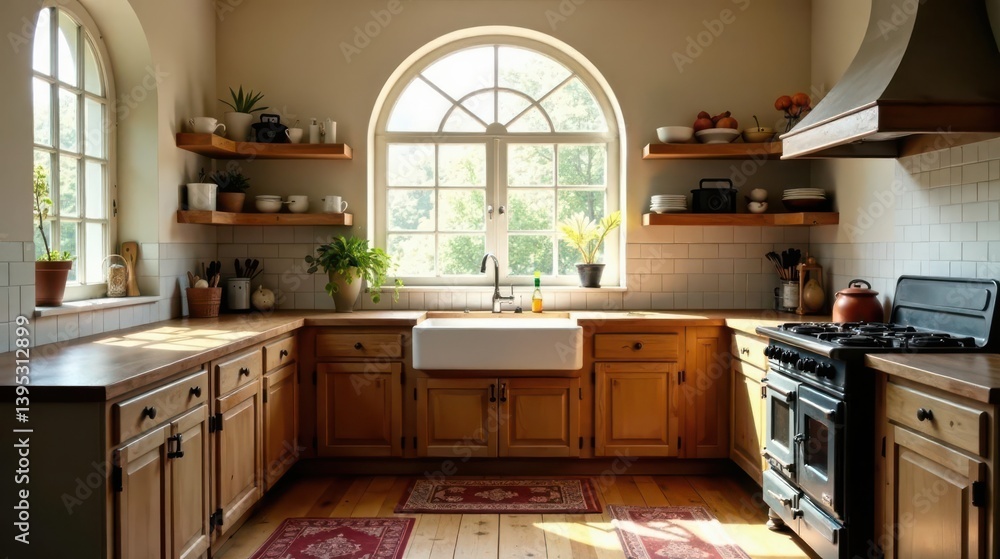 Rustic Kitchen with Light Wood Cabinets, Farmhouse Sink, and Large Arch Window Illuminating the Room Rustic Kitchen with Light Wood Cabinets, Farmhouse Sink, and Large Arch Window Illuminating the Room