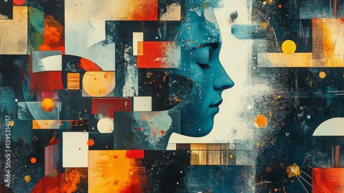 Abstract face profile with geometric shapes and vibrant colors creates a surreal artwork.