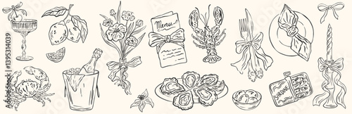 Hand drawn chalk food vector illustrations. Birthday party doodle icons. Anniversary celebration. Champagne, cheese, lobster, oysters, crab, bows.  Drawings for invitations, cafe and parties menu.