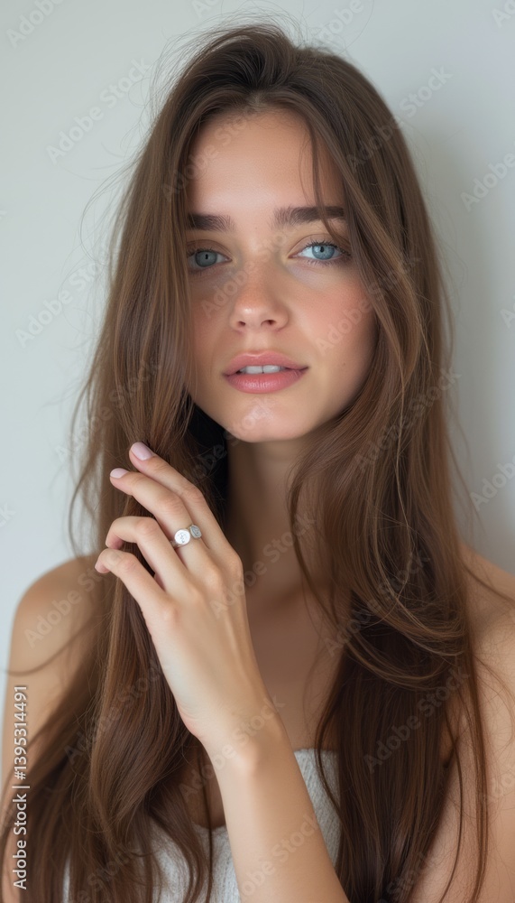 A stunning young woman with long, flowing hair and striking blue eyes gazes softly at the camera, exuding natural beauty and grace. Her delicate hand, adorned with a simple ring, gently frames her A stunning young woman with long, flowing hair and striking blue eyes gazes softly at the camera, exuding natural beauty and grace. Her delicate hand, adorned with a simple ring, gently frames her