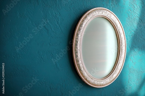 A delicate oval frame with a pearlescent finish, uniquely placed on a rich teal wall, with its gentle curves creating a soft, romantic aesthetic.