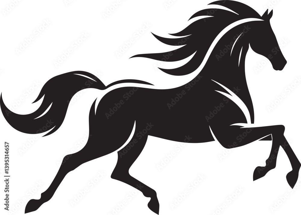 Black horse silhouette vector illustration showing a running stallion with flowing mane and tail Black horse silhouette vector illustration showing a running stallion with flowing mane and tail
