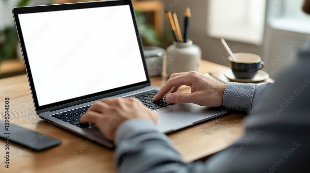 Freelancer working on laptop with blank screen in cozy home office Freelancer working on laptop with blank screen in cozy home office