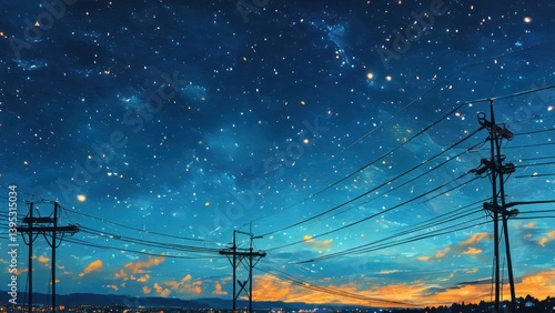 Starry night cityscape featuring power lines and twinkling city lights.