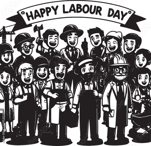 Cartoon-Style Monochrome Illustration of Happy Workers – Doctors, Engineers, and Farmers Celebrating Labour Day