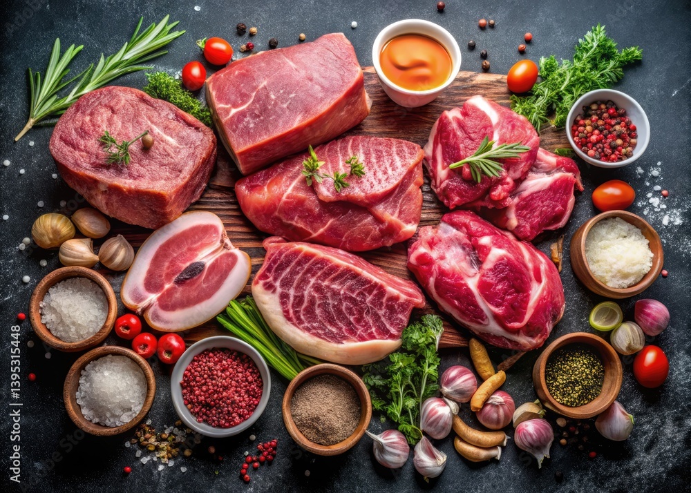 Seasoned raw meat, assorted cuts, photographed from above; bokeh effect on a dark background enhances the rich colors. Seasoned raw meat, assorted cuts, photographed from above; bokeh effect on a dark background enhances the rich colors.