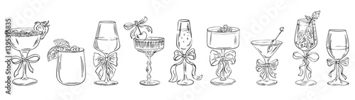 Coquette cocktails with bows hand drawn set. Cute aesthetic glasses with ribbon and bow in sketch style. Girly elegant martini, champagne, doodle, aesthetic. Cheer cocktail event Line art vector