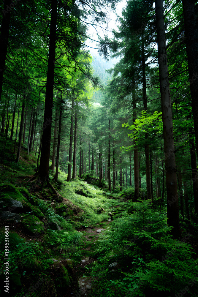 Fototapeta premium Deep green pine forest landscape