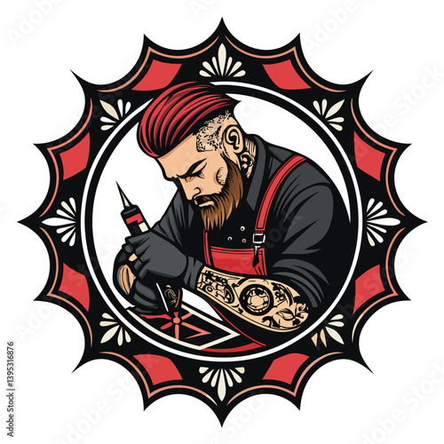 Design a bold vector illustration of a tattoo artist at work, incorporating strong lines and impactful shading.  Focus on a stylized, graphic representation.