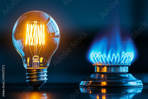 A dynamic position showcases the duality of energy sources, presenting a lit light bulb and a vivid gas flame.