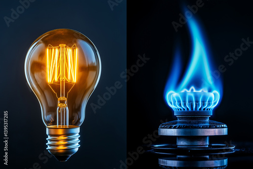 Illumination's Dual Faces: A dynamic juxtaposition showcases the duality of energy sources, presenting a lit light bulb and a vivid gas flame. This visual narrative encapsulates the essence of power.