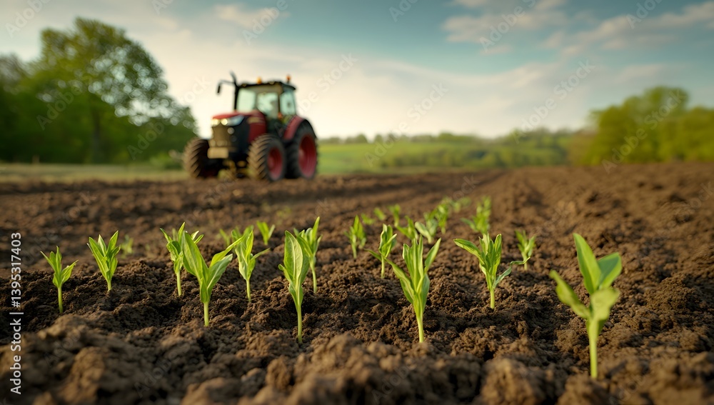 Fototapeta premium Farm Tractor on Cultivated Field with Young Corn Plants in Rows Under Cloudy Sky