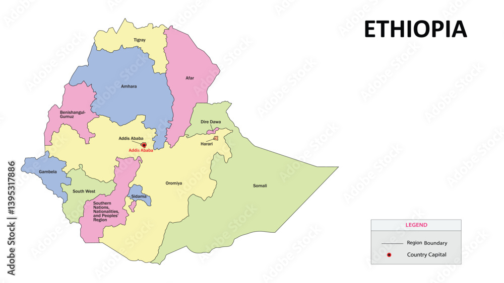 Obraz premium Ethiopia map. Country map of Ethiopia. Country map of Ethiopia in colour with capital.