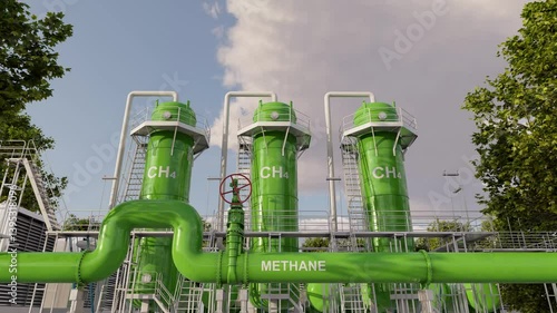 Renewable energy project. New *Green Plant* utilizes organic materials to produce methane gas. Time lapse. 3D rendering.